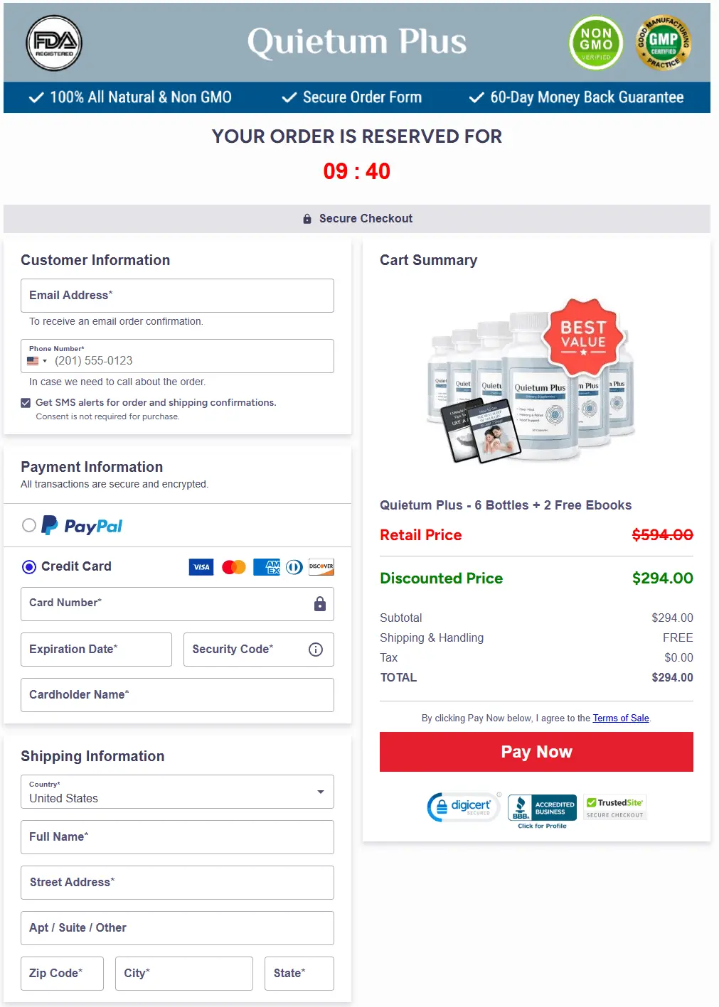 Secure checkout page for Quietum Plus with multiple payment options